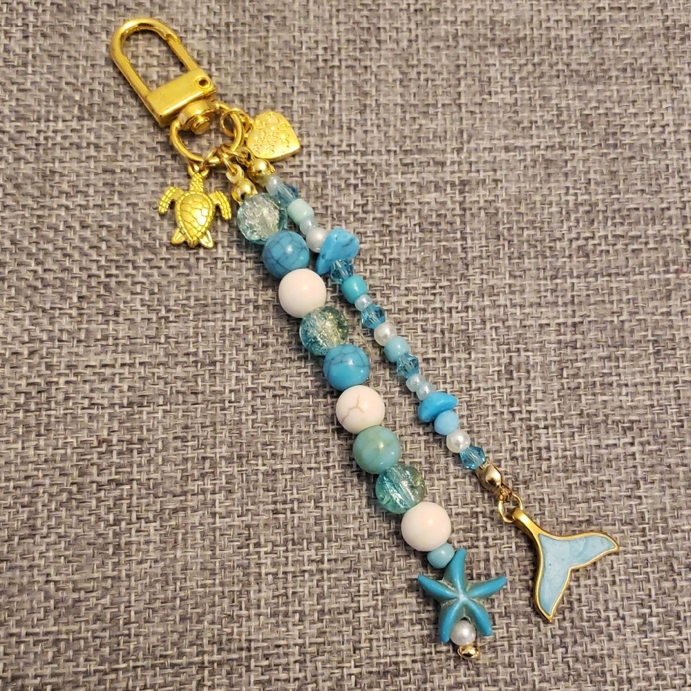 Ocean-Themed Blue Gold Beaded Bag Charm